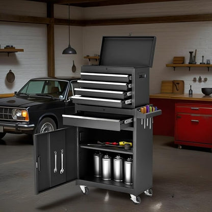 Tool Chest, 5-Drawers Rolling Tool Storage Cabinet with Lockable Wheels, Detachable Top, Adjustable Shelf & Locking Mechanism, Multifunctional Tool Cart for Garage Warehouse, Black