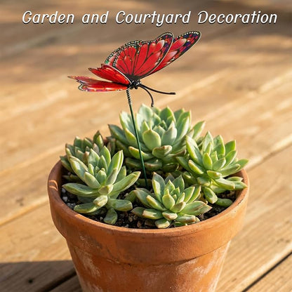 30PCS Red Butterfly Decor Artificial Butterflies for Outdoor Garden Decor | 3D Waterproof Double Layer Butterfly Decorative Garden Stakes for Flower Arrangements Outdoor Indoor Spring Decor