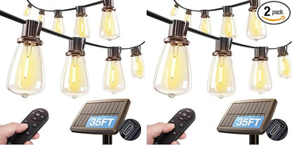 addlon 35FT Solar String Lights Outdoor, IP54 Waterproof Solar Powered with Remote & USB Port, 10+1 LED Shatterproof Bulbs, Dimmable Solar Light Outdoor for Camping Backyard Bistro Porch (Pack of 2)