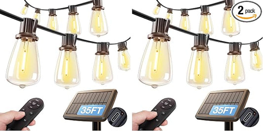 addlon 35FT Solar String Lights Outdoor, IP54 Waterproof Solar Powered with Remote & USB Port, 10+1 LED Shatterproof Bulbs, Dimmable Solar Light Outdoor for Camping Backyard Bistro Porch (Pack of 2)