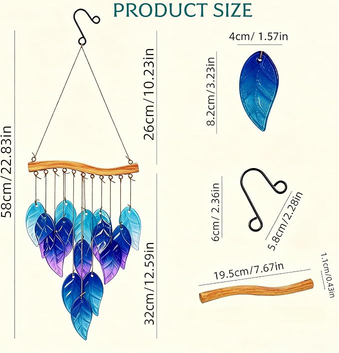 Wind Chimes Blue Glass Leaves, Garden Wind Chime for Home, Party, Festival Decor, Glass Garden Patio Yard Porch Decoration Indoor/Outside, Lifelike Leaf Style