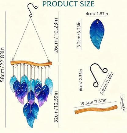 Wind Chimes Blue Glass Leaves, Garden Wind Chime for Home, Party, Festival Decor, Glass Garden Patio Yard Porch Decoration Indoor/Outside, Lifelike Leaf Style