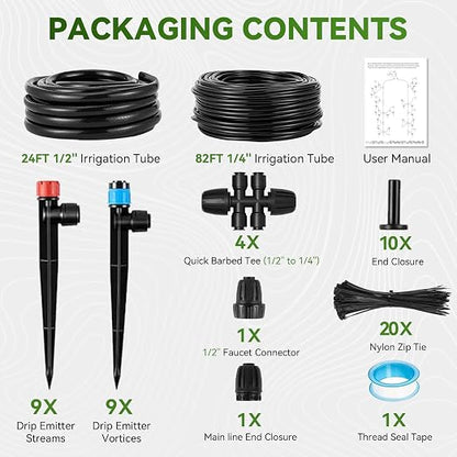 Drip Irrigation System, 106FT Drip Irrigation System Kit, Press-to-Connect & Detachable Quick-Connect, 1/2" & 1/4" Tool-Free Tubing, Adjustable & Sprinklers Nozzles for Garden, Lawn,Potted.