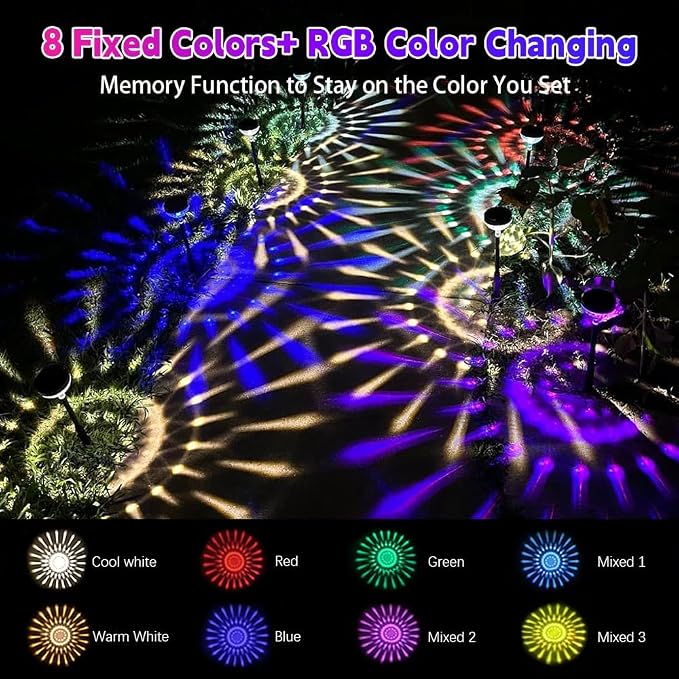 JNOEC 12Pack Solar Pathway Lights Outdoor, Color Changing+8 Fixed Color (Warm White, Cool White, Colored) Solar Lights Outdoor, Bright Solar Powered Garden Light