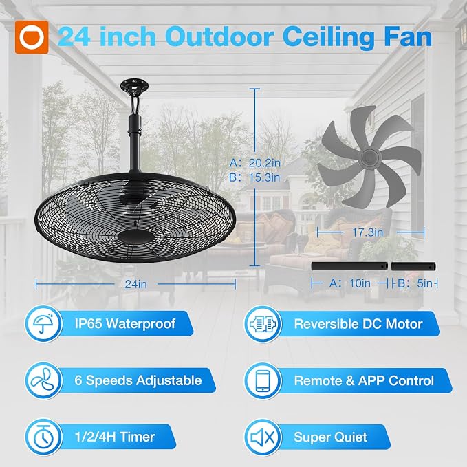 addlon Outdoor Ceiling Fan for Patios, 24 inch Black Waterproof Gazebo Fan Remote&APP Control, 6 Speeds, Noiseless, Reversible, Plug in Hook Mount Ceiling Fan for Pergola Canopy Porch