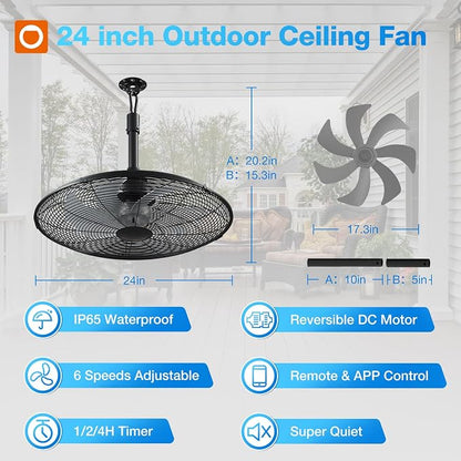 addlon Outdoor Ceiling Fan for Patios, 24 inch Black Waterproof Gazebo Fan Remote&APP Control, 6 Speeds, Noiseless, Reversible, Plug in Hook Mount Ceiling Fan for Pergola Canopy Porch