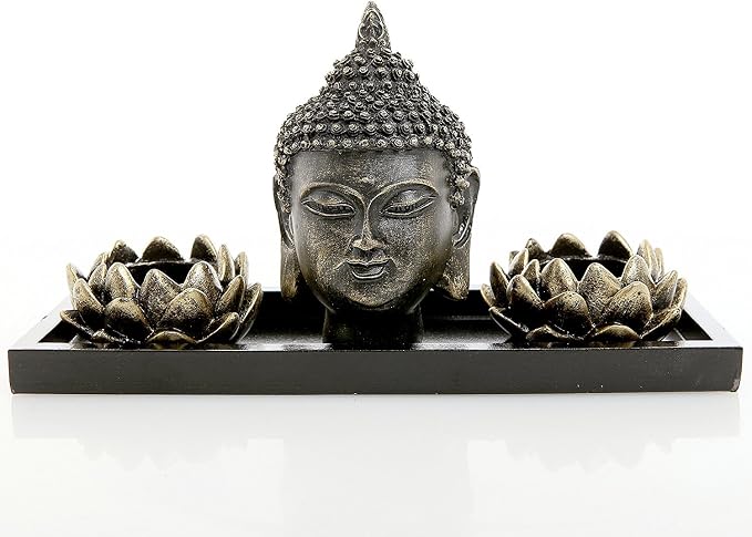 MyGift Black Buddha Head Sculpture Zen Garden Set with Lotus Tealight Candle Holders and Wooden Display Tray, Decorative Tabletop Home Accent