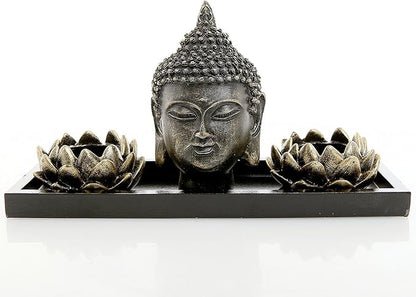MyGift Black Buddha Head Sculpture Zen Garden Set with Lotus Tealight Candle Holders and Wooden Display Tray, Decorative Tabletop Home Accent