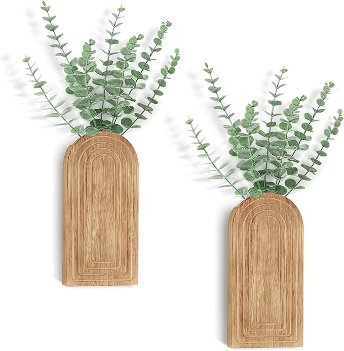 Dahey Wood Wall Planter Vase with Artificial Eucalyptus, 2 Pack Hanging Planter for Indoor Fake Plants Modern Boho Farmhouse Wall Art Decor for Bathroom Bedroom Kitchen Office Home Decoration, Natural