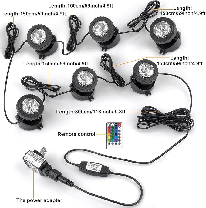RGB Pond Lights with Timer, LED Underwater Submersible Colorful Landscape Spotlights, 98ft Remote Control IP68 Waterproof Fountain Lights for Fish Aquarium Tank Garden Yard Pool (Set of 6)