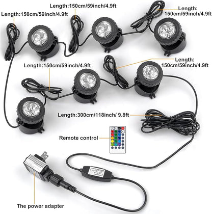 RGB Pond Lights with Timer, LED Underwater Submersible Colorful Landscape Spotlights, 98ft Remote Control IP68 Waterproof Fountain Lights for Fish Aquarium Tank Garden Yard Pool (Set of 6)