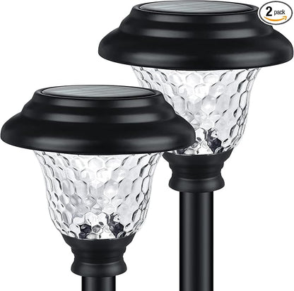 Glass Solar Lights Outdoor waterproof, 2 Pack Super Bright Solar Pathway Lights, Up to 12 Hrs Long Last Auto On/Off Garden Lights Solar Powered, Stainless Steel LED Light For Yard Landscape Cool White