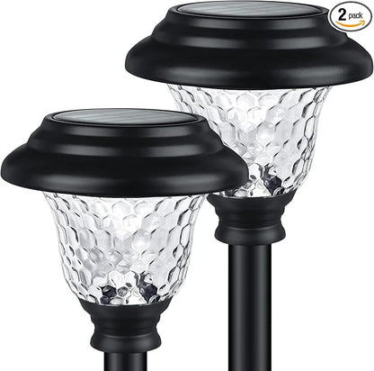 Glass Solar Lights Outdoor waterproof, 2 Pack Super Bright Solar Pathway Lights, Up to 12 Hrs Long Last Auto On/Off Garden Lights Solar Powered, Stainless Steel LED Light For Yard Landscape Warm White