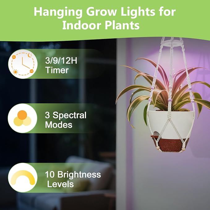 2 Pack Self Watering Hanging Planters with Grow Light for Indoor Plants | 10 Brightness, 3 Light Modes, 3/9/12H Timer, Built-In Reservoir, Drainage Holes, 10 in Pots