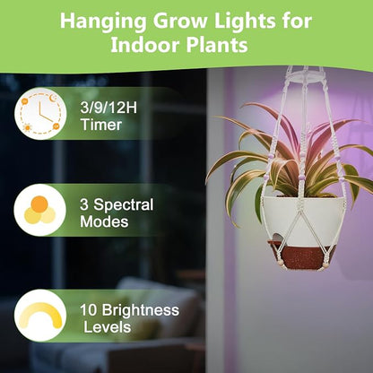 2 Pack Self Watering Hanging Planters with Grow Light for Indoor Plants | 10 Brightness, 3 Light Modes, 3/9/12H Timer, Built-In Reservoir, Drainage Holes, 10 in Pots