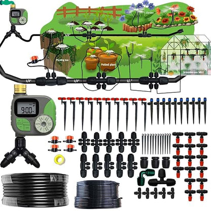 160Ft Drip Irrigation System for with Water Timer Main Water Hose ID 1/2inch 32Ft, 1/4in 131Ft, Sufficient Water Pressure, Irrigation Dripper Waterflow Evenly, Easy DIY Automatic Watering System