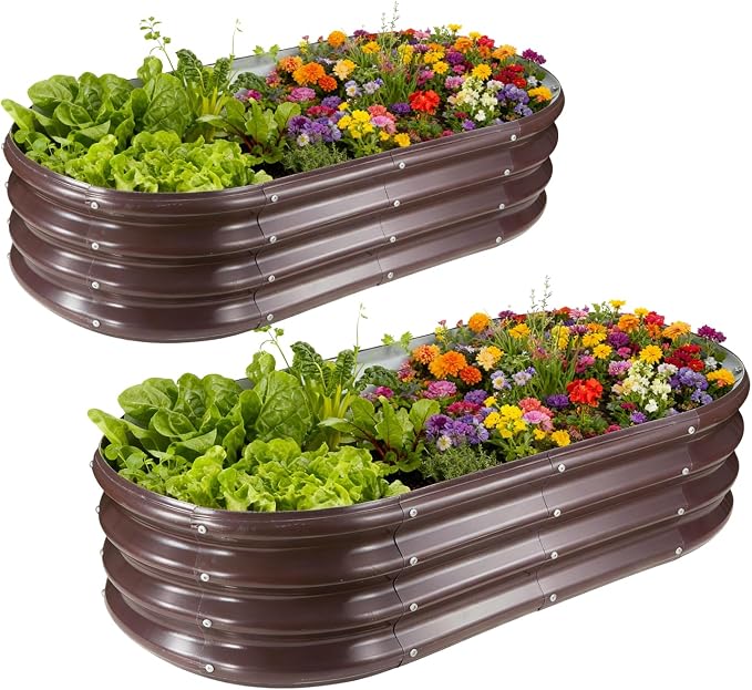 GOOZOO 2PC Galvanized Planter Raised Garden Bed, 4x2x1ft Brown | For vegetables, flowers, herbs, fruits. Oval metal box. Easy assembly. Rust-resistant galvanized steel.Outdoor use. 1ft depth
