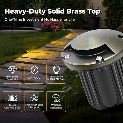 Gardencoin Brass Well Lights Outdoor 12V LED Low Voltage Landscape In Ground Light Waterproof Up Lighting Fixture, Bronze Accent Lighting Fixture Without MR16 Bulb, 4 Pack