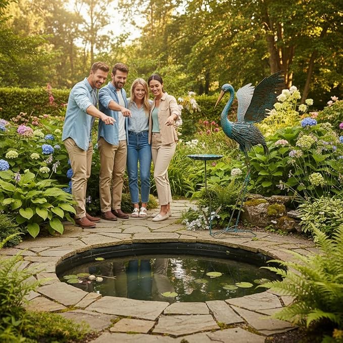 Large Heron Outdoor Statues with Leaf Tray | Waterproof Crane Garden Statue for Outside, Elegant Metal Crane Yard Art Garden Decor for Garden Yard, Porch
