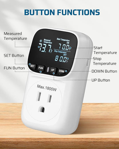 DEWENWILS Digital Temperature Controller, 2 Pack15A/1800W Thermostat Outlet Plug, VA Display Heating Cooling Control Timer, -40℉~210℉, Cyclic Timing/Countdown, for Cooling Fans and Heater