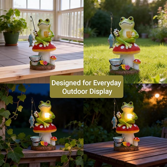 Solar Frog Garden Statue Outdoor Decor – Funny Fishing Frog Sitting on Mushroom, Gardening Gifts for Women, Mom, Grandma, Birthday, Housewarming, Christmas, Resin, 8.27" H