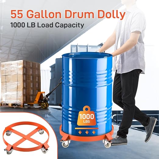 55 Gallon Drum Dolly, Heavy Duty 1000LBS Load Capacity Drum Cart, Non Tipping Hand Truck with 4 Swivel Casters Wheel for Warehouse Drum Handling, Carry Potted (1 Pack)