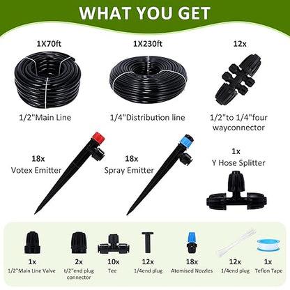 300FT Drip Irrigation System Kit, Automatic Garden Watering Misting System with 70FT1/2 inch Hose 230FT 1/4 inch Distribution Tubing and Accessories for Garden Lawn Greenhouse Plant Flower Bed
