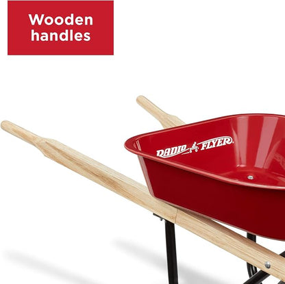 Radio Flyer Classic Kids Wheelbarrow, For Kids 3+, Seamless Steel Tray with No-Scratch Edges, Real Wooden Handles, Durable Front Wheel, Steel Undercarriage, 25 lb Capacity, Garden Toy for Children