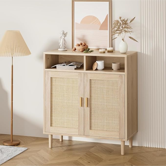 Garvee 36" Modern Rattan Sideboard Cabinet - 2-Door Storage Buffet with Shelf, Boho TV Stand & Coffee Bar for Dining Room, Kitchen & Entryway