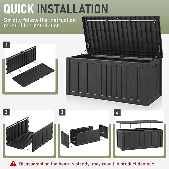 Outdoor Storage Box, Resin Deck Boxes Indoor and outdoor, Waterproof Storage Box Lockable Lid (Black,180 Gallon)