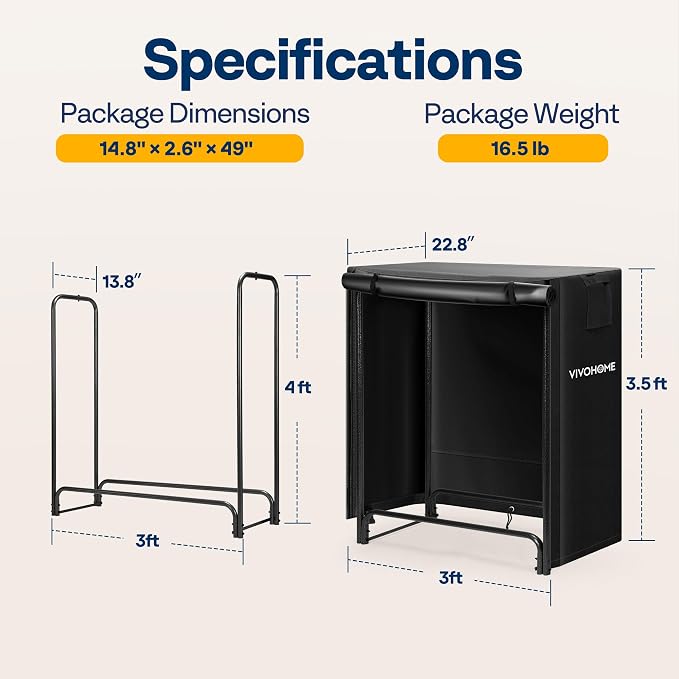 VIVOHOME 3 ft Heavy Duty Firewood Rack Outdoor with Cover, Fire Wood Storage Rack, Log Holder and Cover Combo Set with Zipper, Black