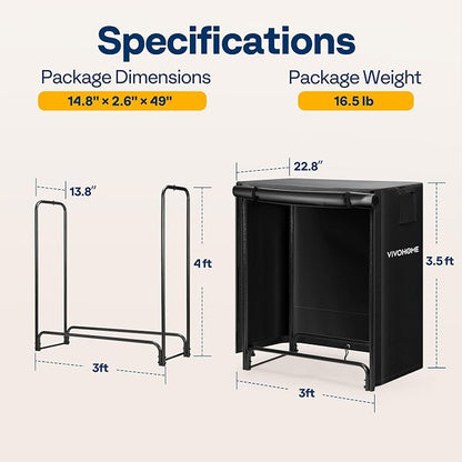 VIVOHOME 3 ft Heavy Duty Firewood Rack Outdoor with Cover, Fire Wood Storage Rack, Log Holder and Cover Combo Set with Zipper, Black