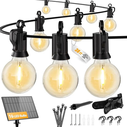 Brightown 38FT 16LED Solar String Lights Outdoor with USB Port, Shatterproof Bulbs, 3 Modes, Patio Lights Solar Powered for Camping Backyard Garden Decor - Last for 20+Hrs