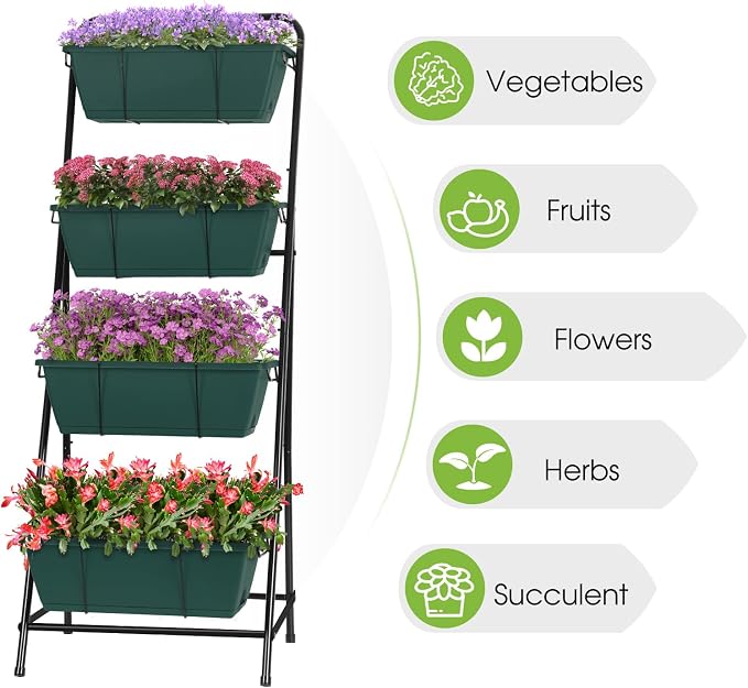 Vertical Raised Garden Bed 4 Tier Garden Planter for Outdoor Plants Standing Garden Planters with Drainage Holes Removable Tray for Herbs Flowers Vegetables Plants (Green)
