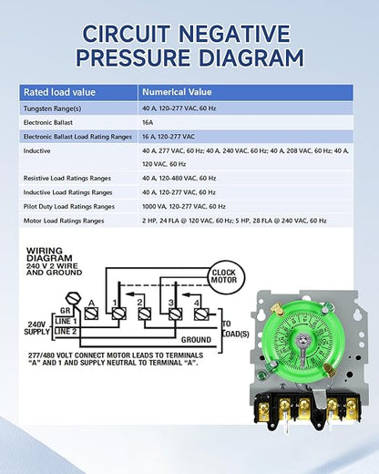 T104M Mechanical Pool Timer Switch Mechanism Only 208–277 V, 40 A, DPST | Suitable for pool pumps, cleaning pumps, HVAC fans, and water heaters. 12 on/off cycles daily; 5 years support.