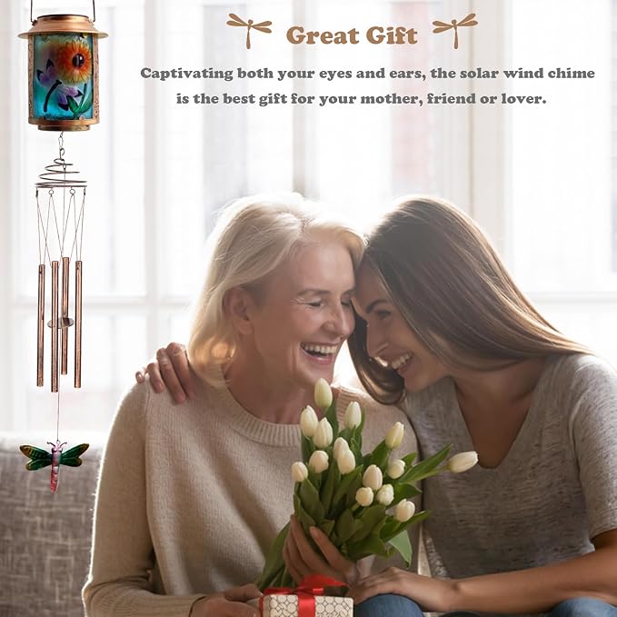 Solar Wind Chimes for Outdoor, Dragonfly Garden Decorations Memorial Wind Chimes Deep Tone, Sympathy Windchimes for Outside Garden Décor, Gifts for Mom, Grandma-Dragonfly