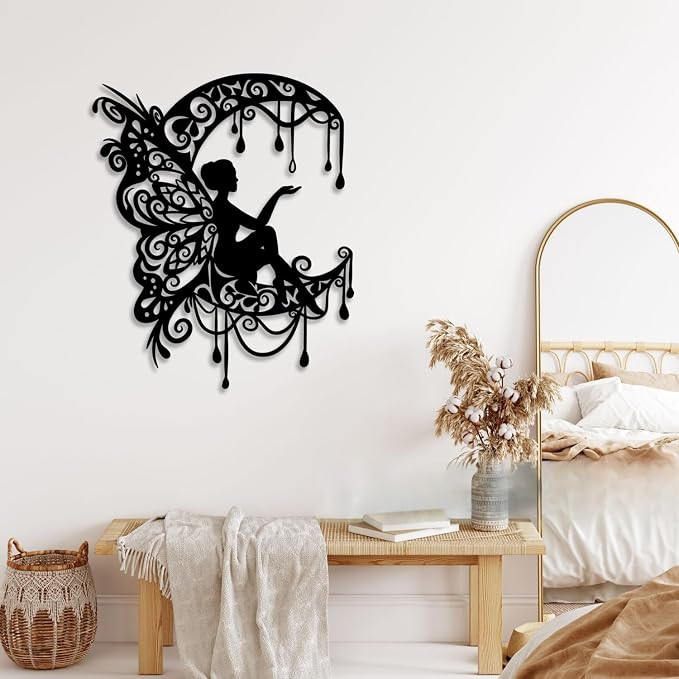 LIYOUYA Moon Flower Fairy Metal Wall Decor - Rustic Farmhouse Room Decor Black Wall Art Home Decor for Living Room, Bedroom, Outdoor (Black)