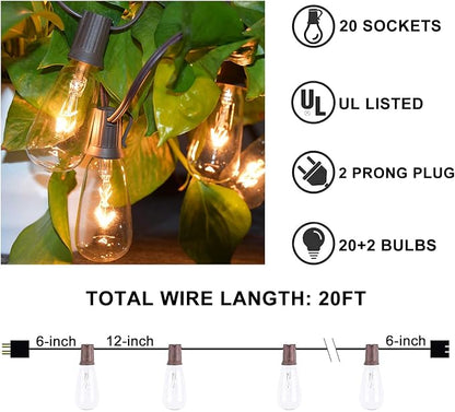 Abeja Outdoor String Lights 20Ft with 20 Vintage Bulbs(2 Spare) ST40 String Lights, Waterproof UL Listed for Patio Garden Backyard Party Decor, 7W, E12 Socket Base, Brown