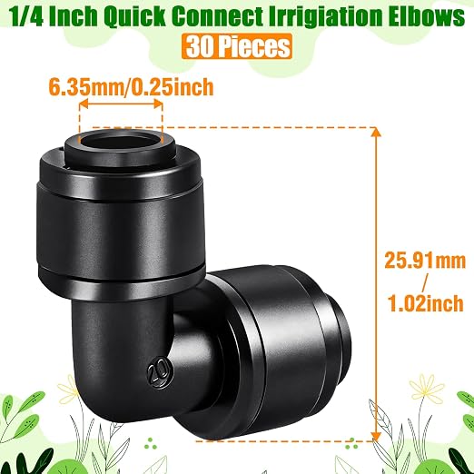 30 Pieces 1/4 Inch Drip Irrigation Elbow Fittings - 1/4'' Drip Line Push-to-Fit Connectors for 1/4 Inch Drip Irrigation Tubing Leak Free Lock Elbow Parts for Drip Irrigation System