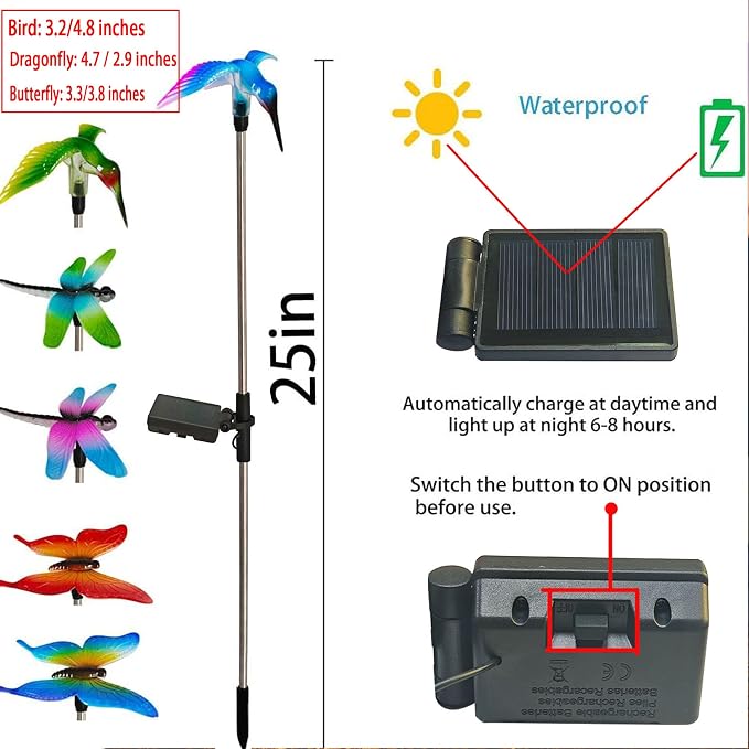 6 Pack Solar Garden Stake Lights Outdoor, Yard Figurine Stake Light, Flower Hummingbird Dragonfly Butterfly for Patio Yard Pathway Decoration (Garden)