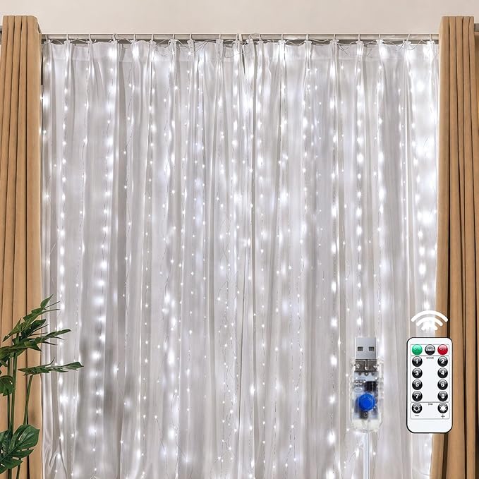 Brightown 300 LED White Fairy Curtain Lights, 9.8ft x 9.8ft String Lights | Winter Wonderland Decorations USB Plug in 8 Lighting Modes Christmas Hanging Lights with Remote for Bedroom Indoor Outdoor