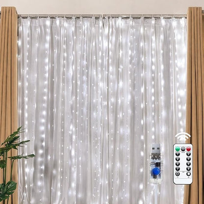 Brightown 300 LED White Fairy Curtain Lights, 9.8ft x 9.8ft String Lights | Winter Wonderland Decorations USB Plug in 8 Lighting Modes Christmas Hanging Lights with Remote for Bedroom Indoor Outdoor