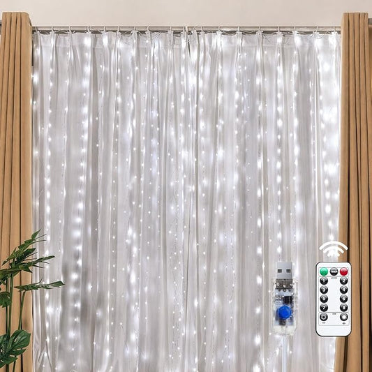 Brightown 300 LED White Fairy Curtain Lights, 9.8ft x 9.8ft String Lights | Winter Wonderland Decorations USB Plug in 8 Lighting Modes Christmas Hanging Lights with Remote for Bedroom Indoor Outdoor
