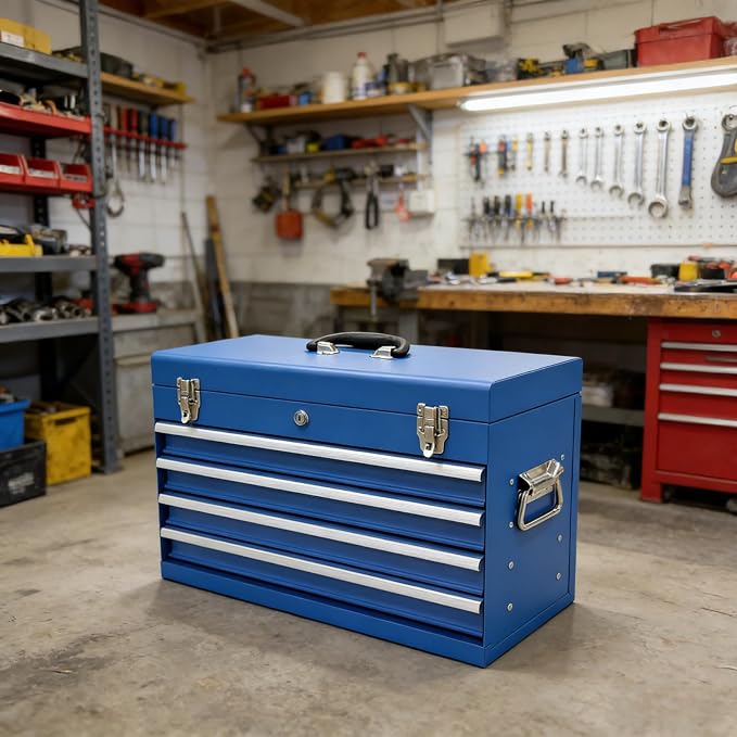 4 Drawers Metal Tool Box, 21'' Portable Metal Tool Box with EVA Liners & Auto-Locking Mechanism, Heavy Duty Steel Tool Chest with Ball-Bearing Drawer Slides & Convenient Top Handle, Blue