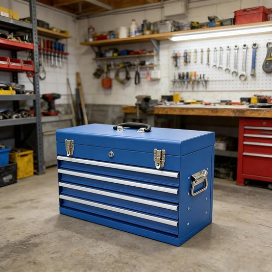 4 Drawers Metal Tool Box, 21'' Portable Metal Tool Box with EVA Liners & Auto-Locking Mechanism, Heavy Duty Steel Tool Chest with Ball-Bearing Drawer Slides & Convenient Top Handle, Blue