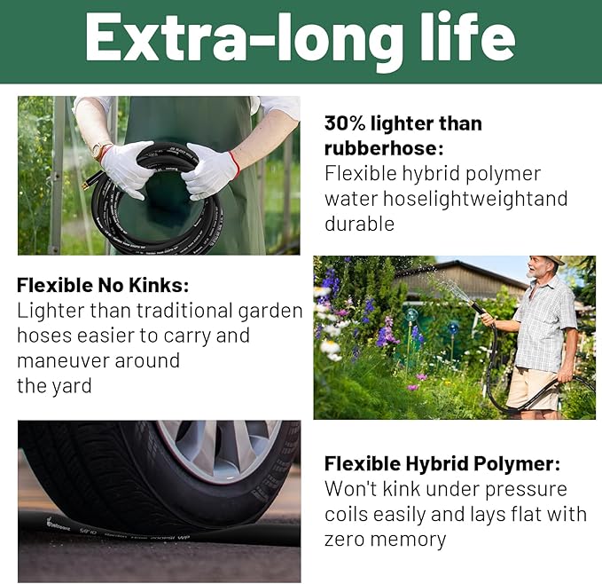 Beitopamz Garden Hose 75 ft x 5/8 in Heavy Duty Water Hose, Flexible and Durable, Lightweight Rubber Hybrid Hose, Leak-Free Connections, Male to Female 3/4'' Brass Fittings for Patio, Lawn, Black