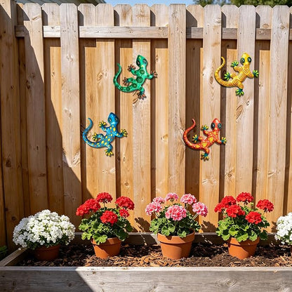Metal Gecko Wall Decor- 8.7 inches Outdoor Lizards Decoration for Garden Backyard Fence Patio(4 Pack)
