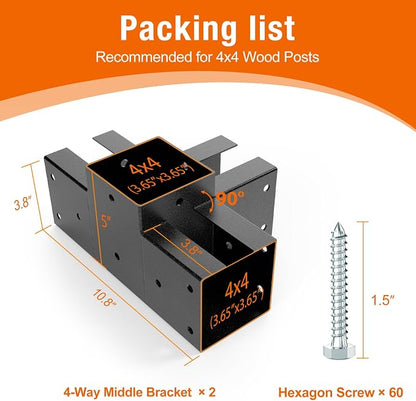 4-Way Pergola Brackets, 4"x4" Pergola Kit, Pergola Corner Bracket for Gazebos, Patio Pergolas, Log Cabin, Wooden Beams (2PCS)
