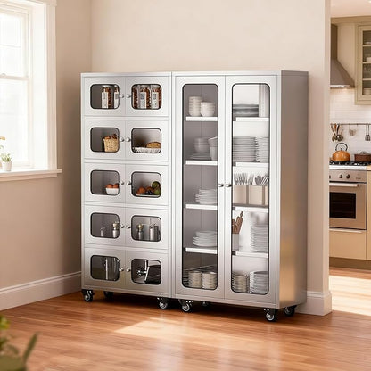 ZZV 68" Tall Stainless Steel Storage Cabinet with Wheels, Fully Assembled 5-Tier Kitchen Pantry Cabinet with Glass Doors for Garage, Utility Room, Laundry Room, Restaurant, Cafe, and Outdoor