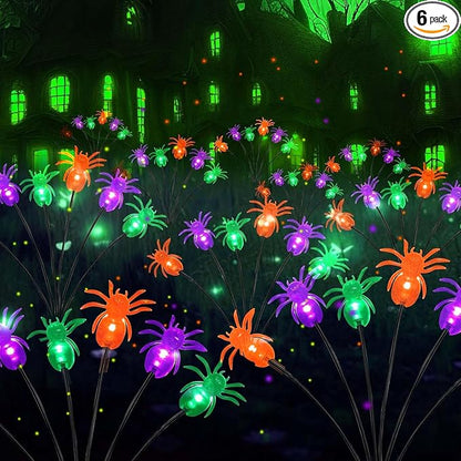 6 Pack Halloween Decorations Outdoor Solar Spider Garden Lights, Purple Orange and Green Scary Spider Swaying Firefly Lights with 2 Modes, Waterproof Halloween Pathway for Yard Garden Party Decor